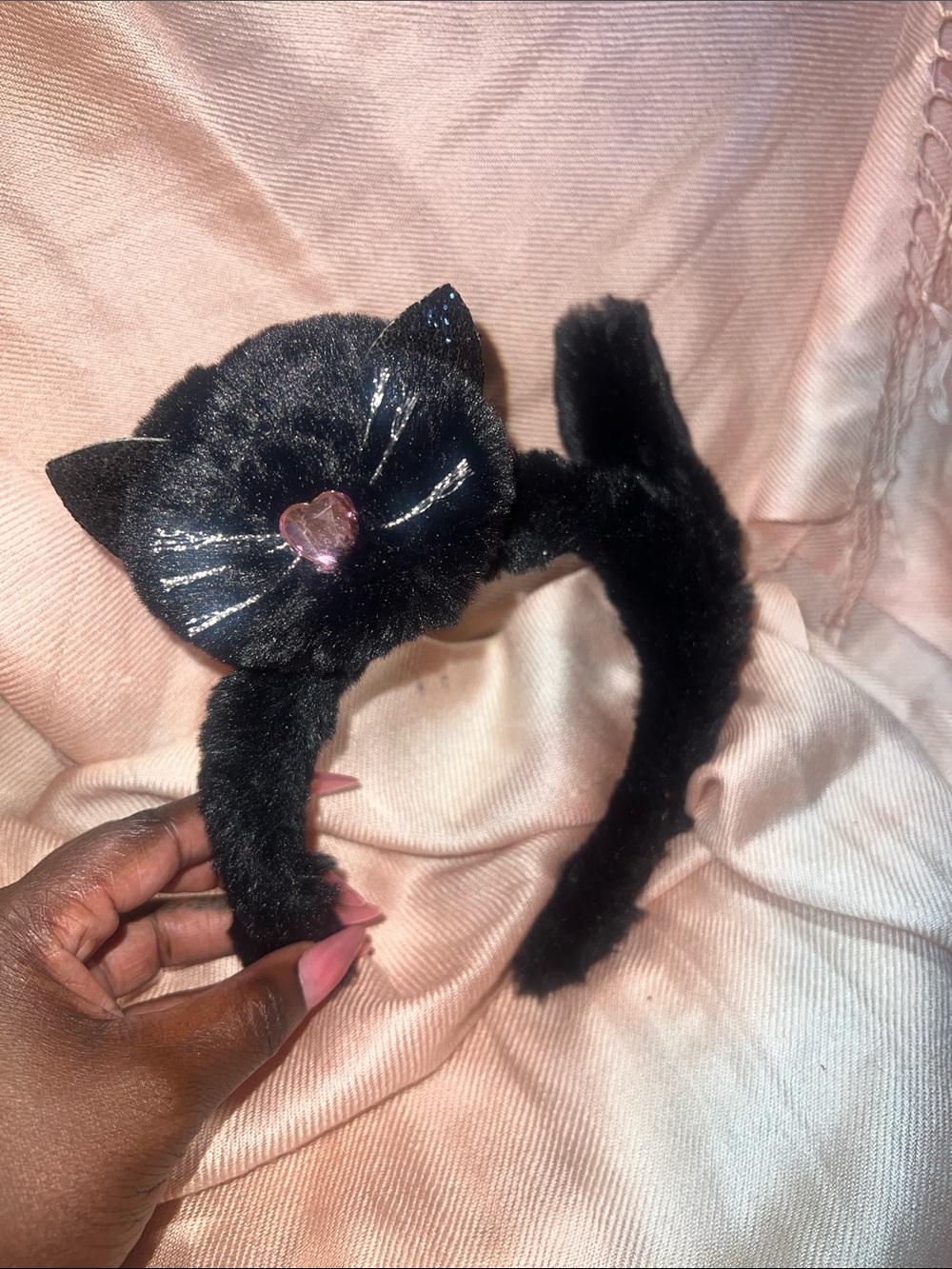 Black Plush Cat Ear Headband with Pink Heart Accent
